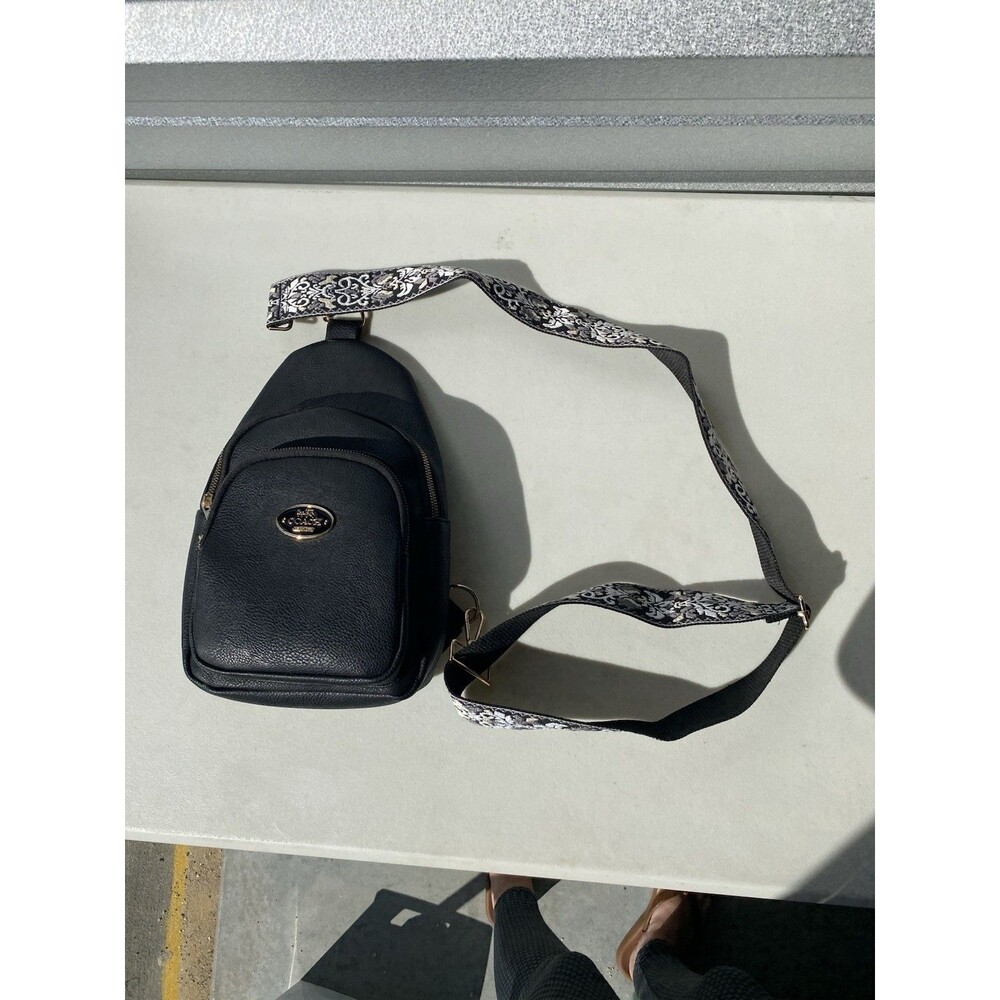 Black Pebble Faux Leather Sling Bag Crossbody Purse Floral Guitar Strap